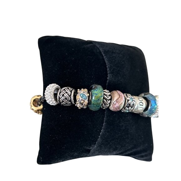 Pandora 925 Black Leather Charm Bracelet With Mixed Beads Glass & Stud Accents - Picture 6 of 7